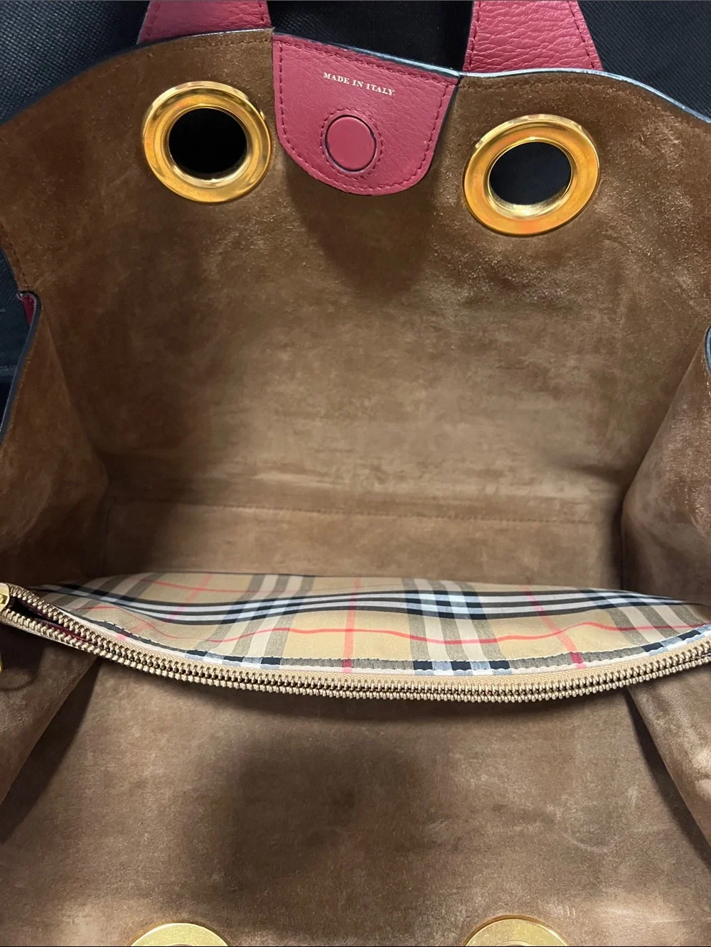Burberry Red Leather Satchel with Gold Grommet Accents